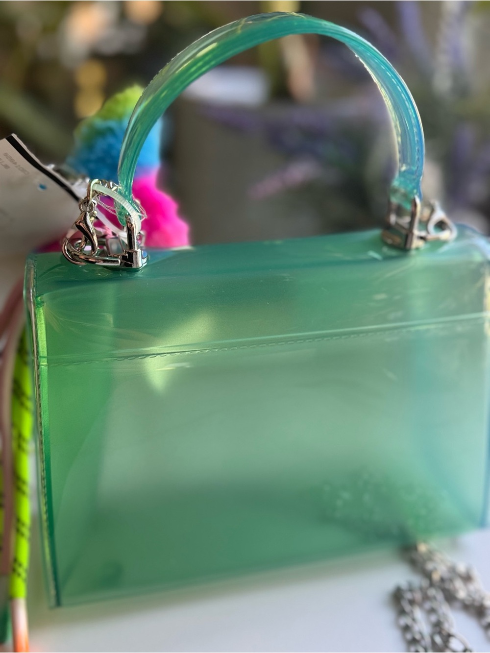 Green Jelly Top-Handle Mini Satchel Crossbody + chain +charms - Picture 3 of 5